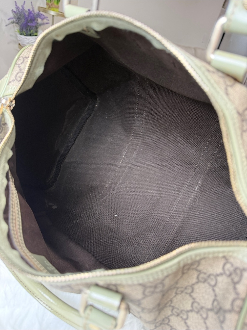 💯Authentic Gucci Vintage GG Monogram Boston Bag Sage Green Patent Leather🍀 - Picture 4 of 17